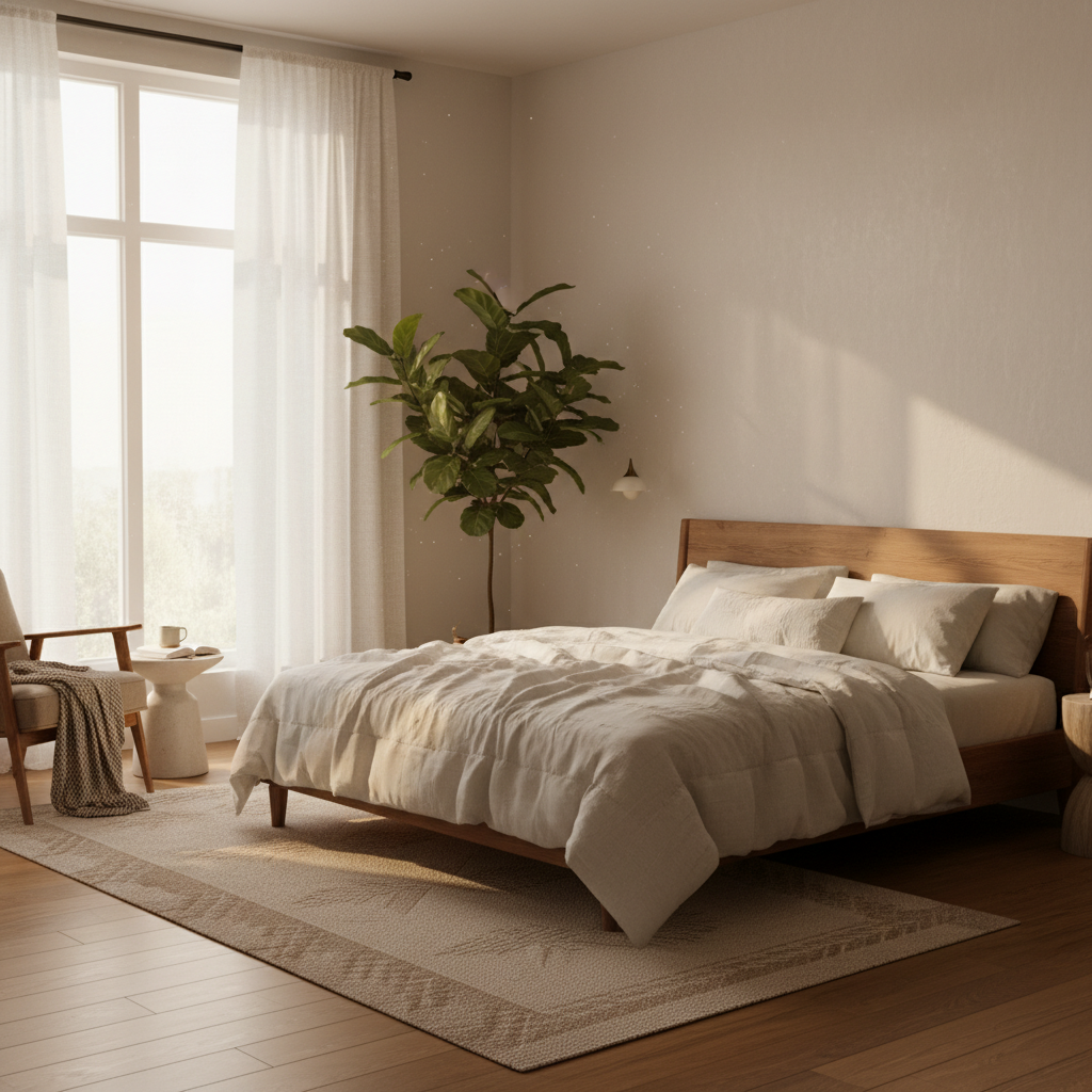 Chambre baignée d'une lumière bleue douce du soir, lit bien organisé, atmosphère de calme propice à un sommeil réparateur de qualité