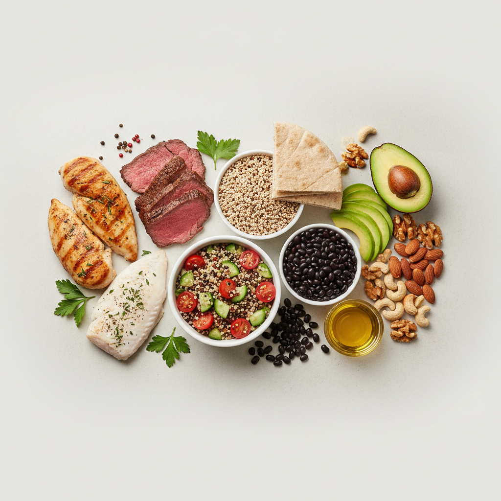 Composition visuelle de différents aliments représentant les trois macronutriments — viandes maigres, céréales et légumineuses, avocats et noix — sur fond neutre clair