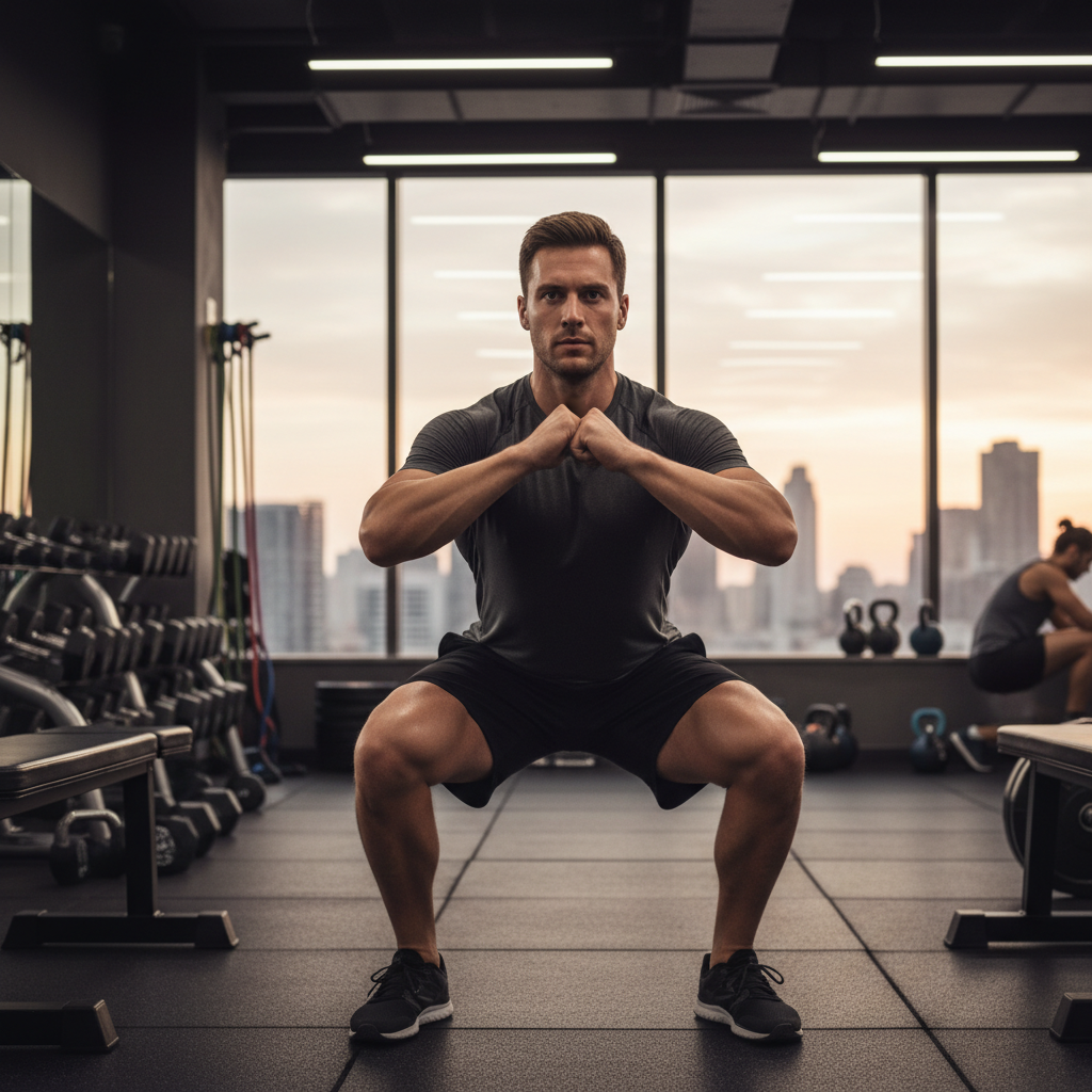 Homme pratiquant des exercices d'étirements matinaux en extérieur, lumière naturelle diffuse, tenue sportive sobre