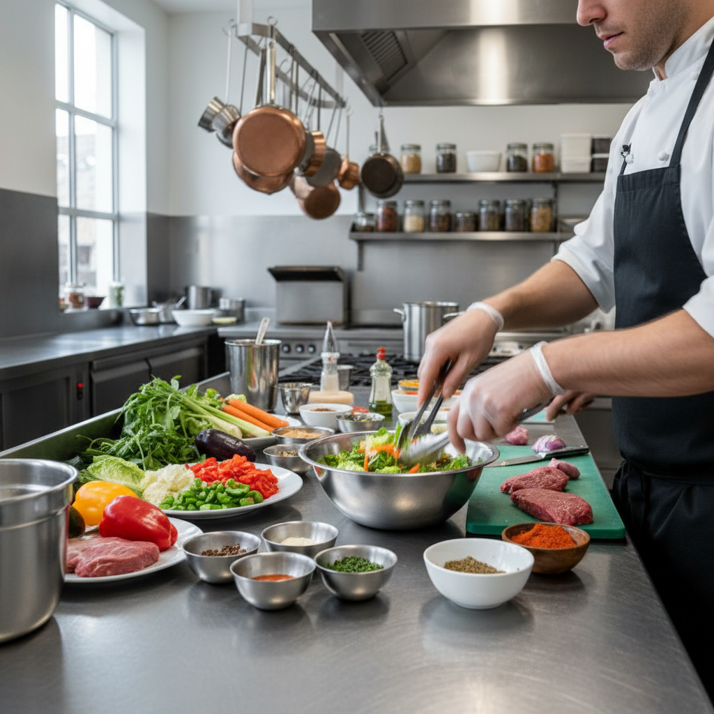 Préparation d'un repas équilibré avec légumes frais colorés, céréales complètes et herbes aromatiques sur une surface en bois clair